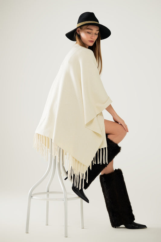 Soft knitted poncho in beige with fringes | Just Cool Beans — sweaters | tops