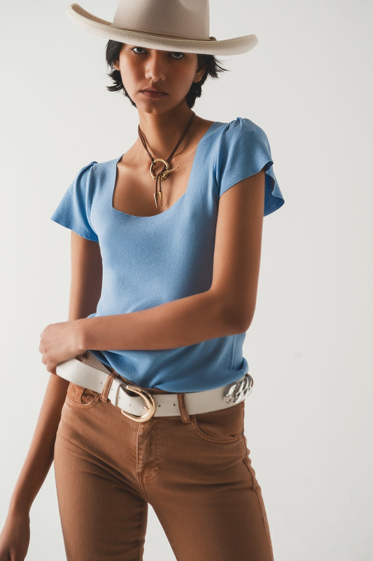 Square neck puff sleeve sweater in blue | Just Cool Beans — sweaters | tops