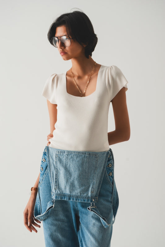 Square neck puff sleeve sweater in cream | Just Cool Beans — sweaters | tops