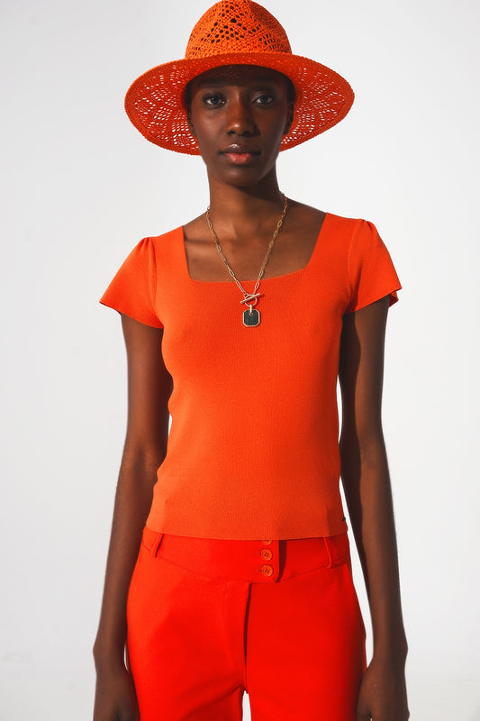 Square neck puff sleeve sweater in orange | Just Cool Beans — sweaters | tops