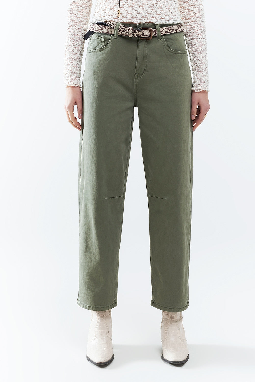 Straight ankle-length pants in khaki with knee seam detail | Just Cool Beans — jeans | bottoms