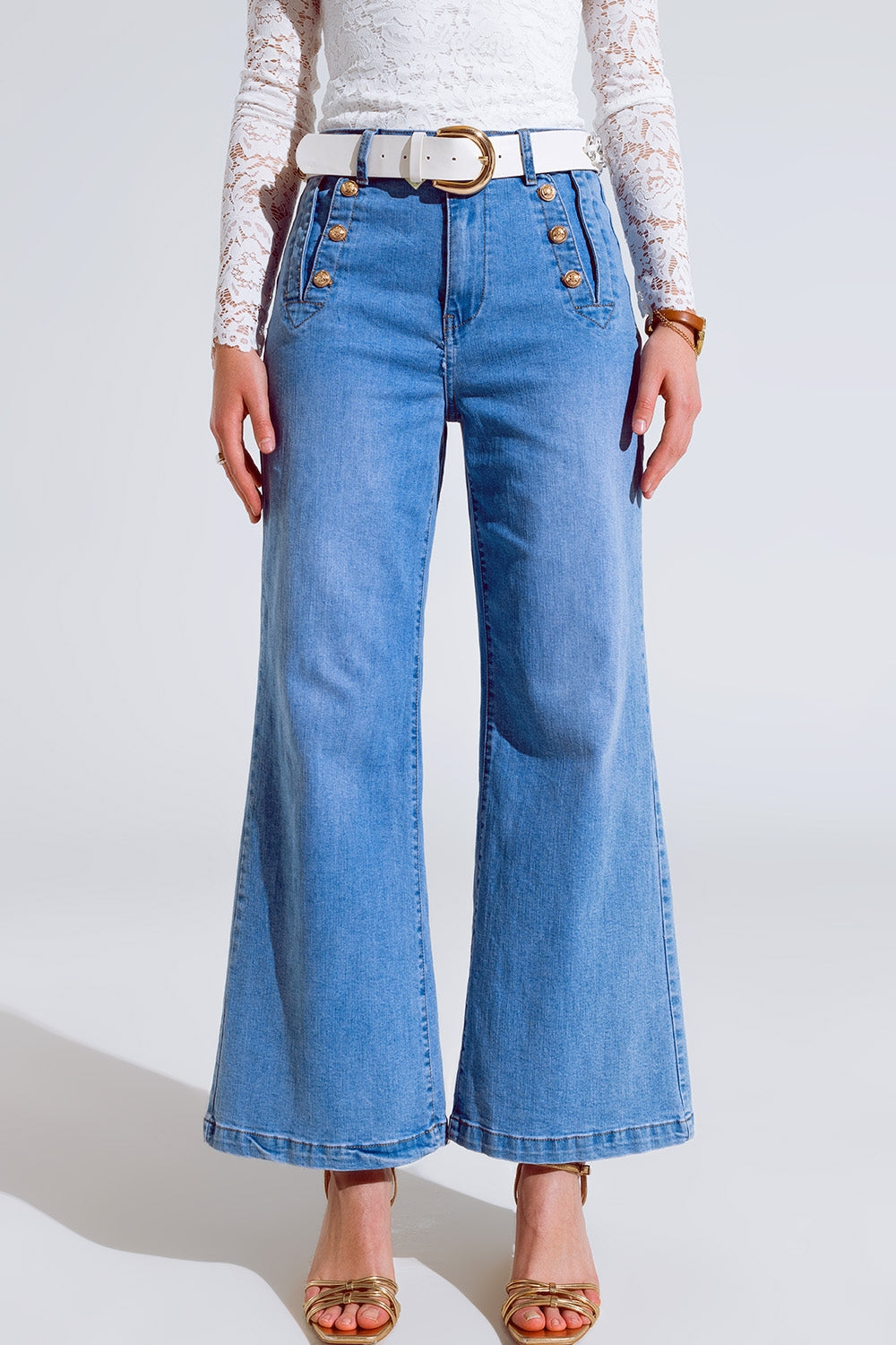 Straight flared jeans in washed blue with button detail | Just Cool Beans — jeans | the denim shop