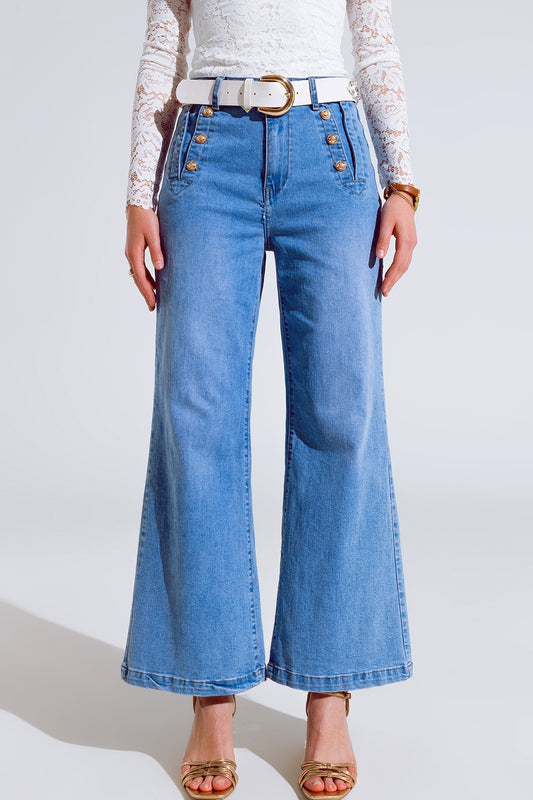 Straight flared jeans in washed blue with button detail | Just Cool Beans — jeans | the denim shop