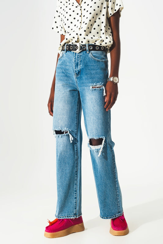 Straight jean in medium wash with rip and split hem | Just Cool Beans — jeans | the denim shop