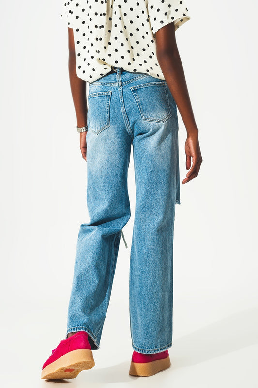 Straight jean in medium wash with rip and split hem | Just Cool Beans