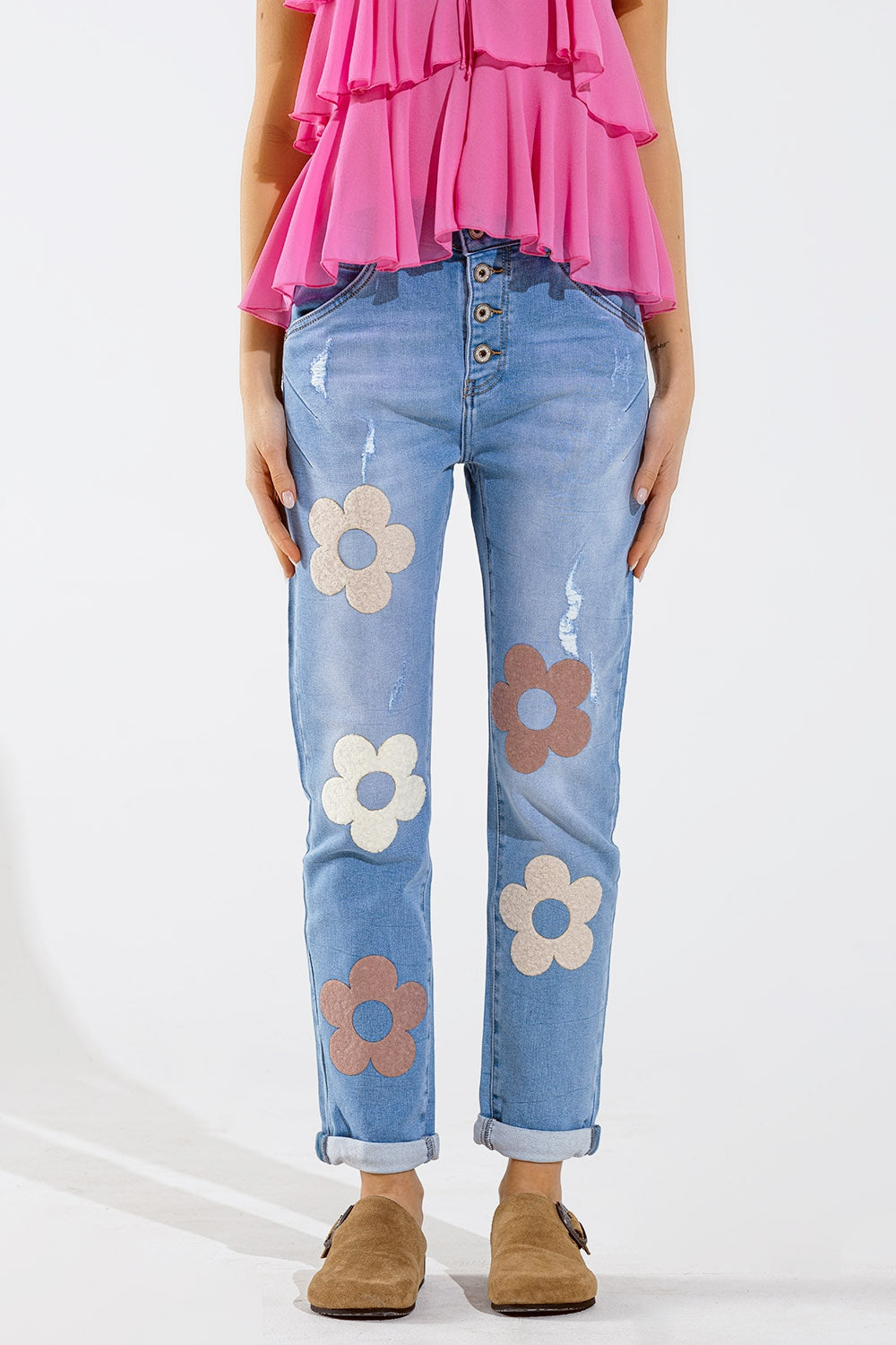Straight jeans with button closing and flower detail in front | Just Cool Beans — jeans | the denim shop