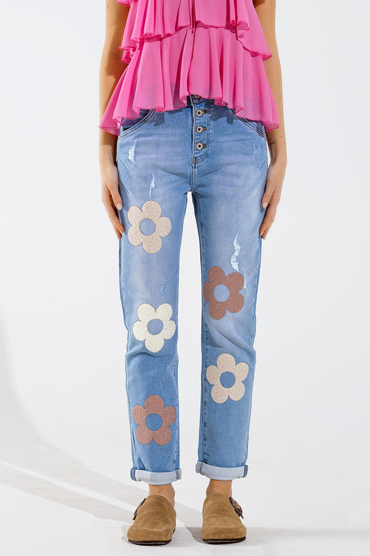 Straight jeans with button closing and flower detail in front | Just Cool Beans — jeans | the denim shop