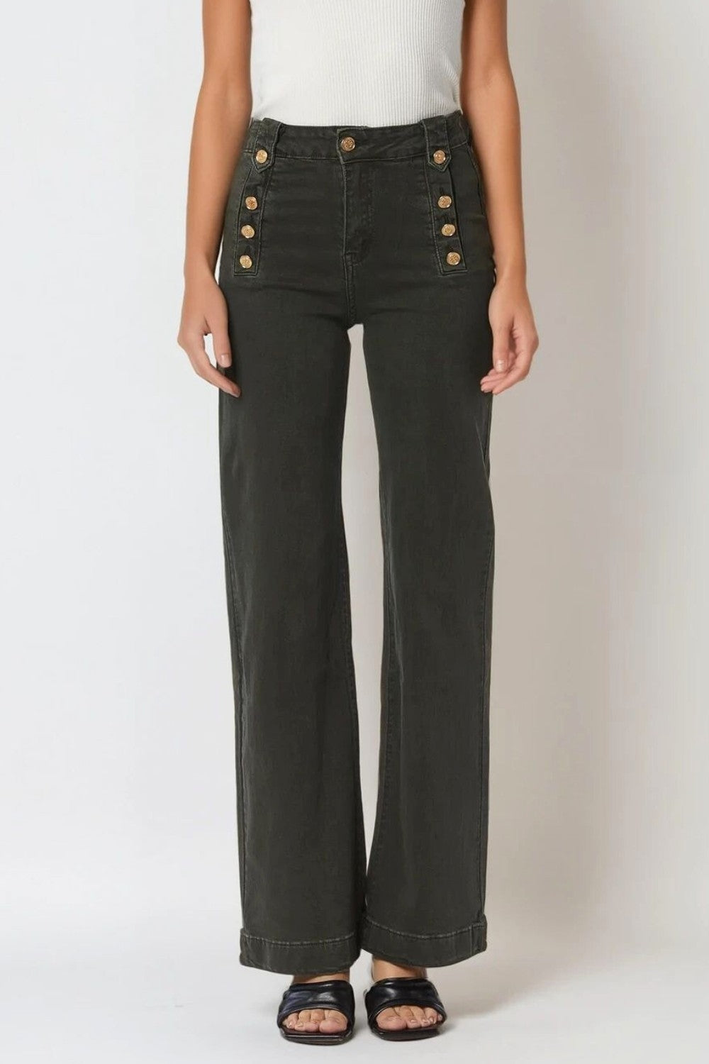 Straight jeans with gold buttons at the side in khaki | Just Cool Beans — pants | bottoms