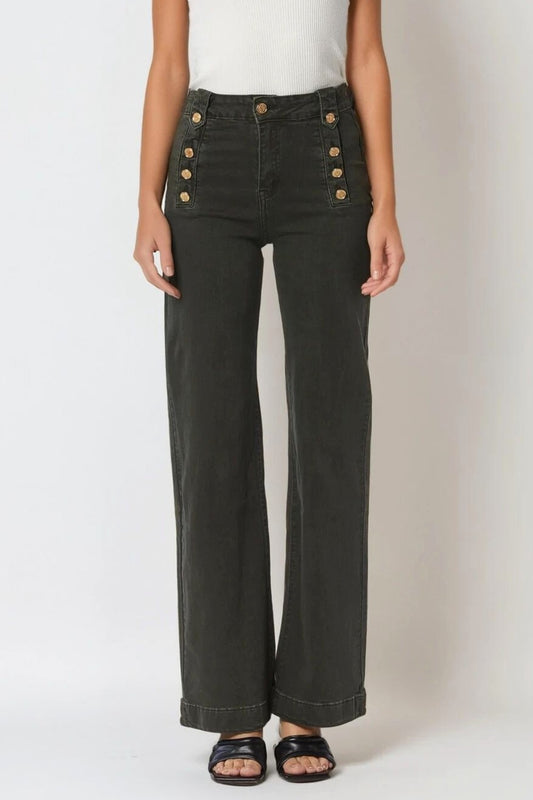 Straight jeans with gold buttons at the side in khaki | Just Cool Beans — pants | bottoms