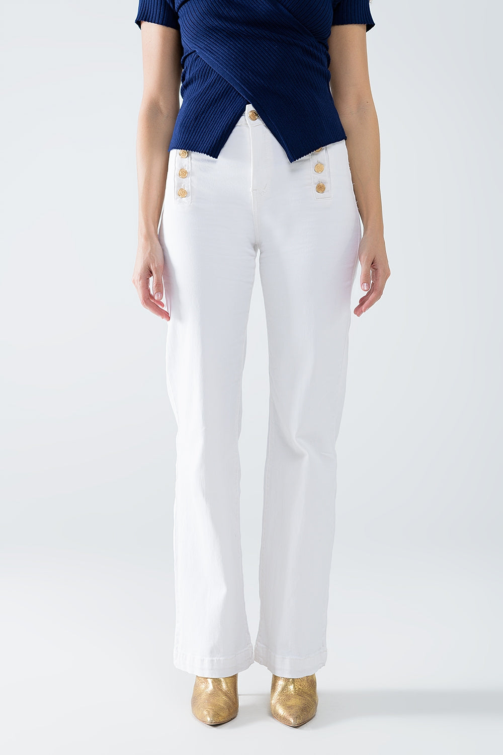 Straight jeans with gold buttons at the side in white | Just Cool Beans — pants | bottoms