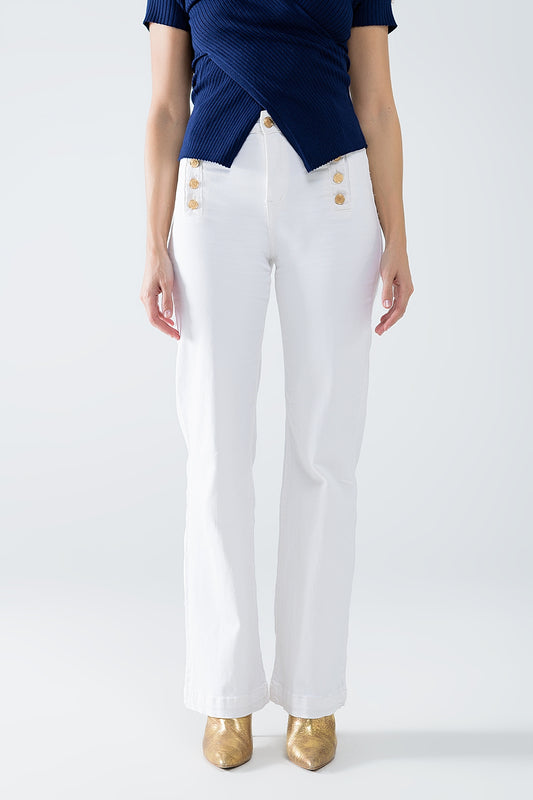 Straight jeans with gold buttons at the side in white | Just Cool Beans — pants | bottoms