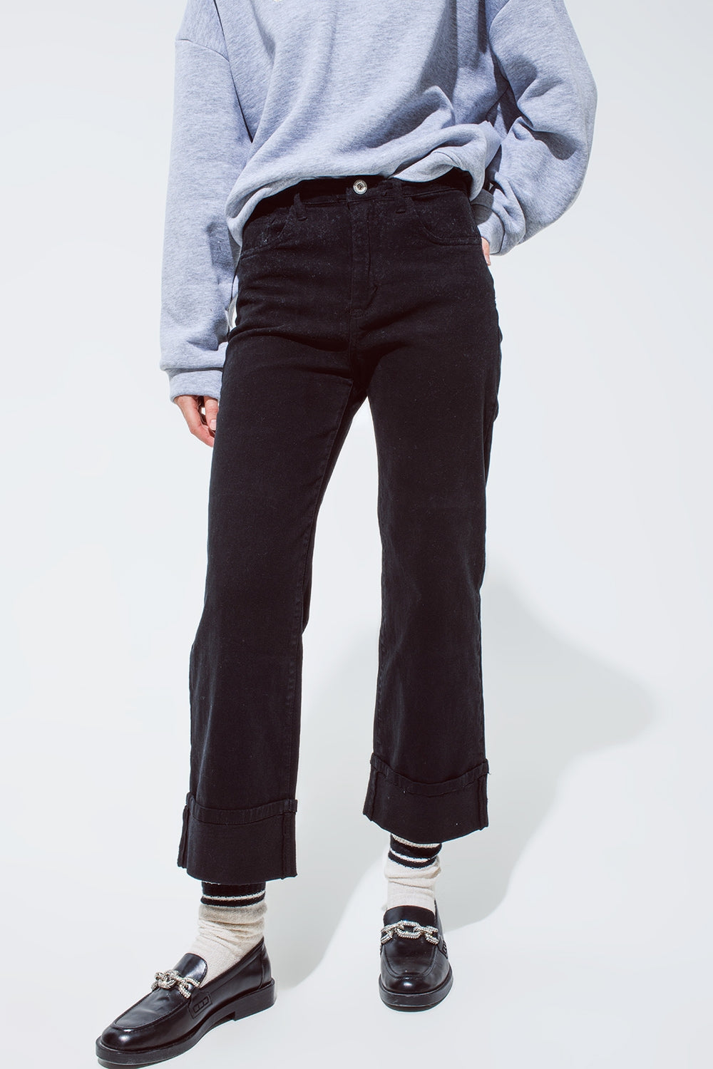 Straight leg jeans in black with folded trouser legs | Just Cool Beans — jeans | bottoms