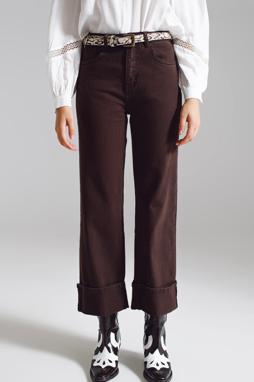 Straight leg jeans with cropped hem in brown | Just Cool Beans — jeans | tops