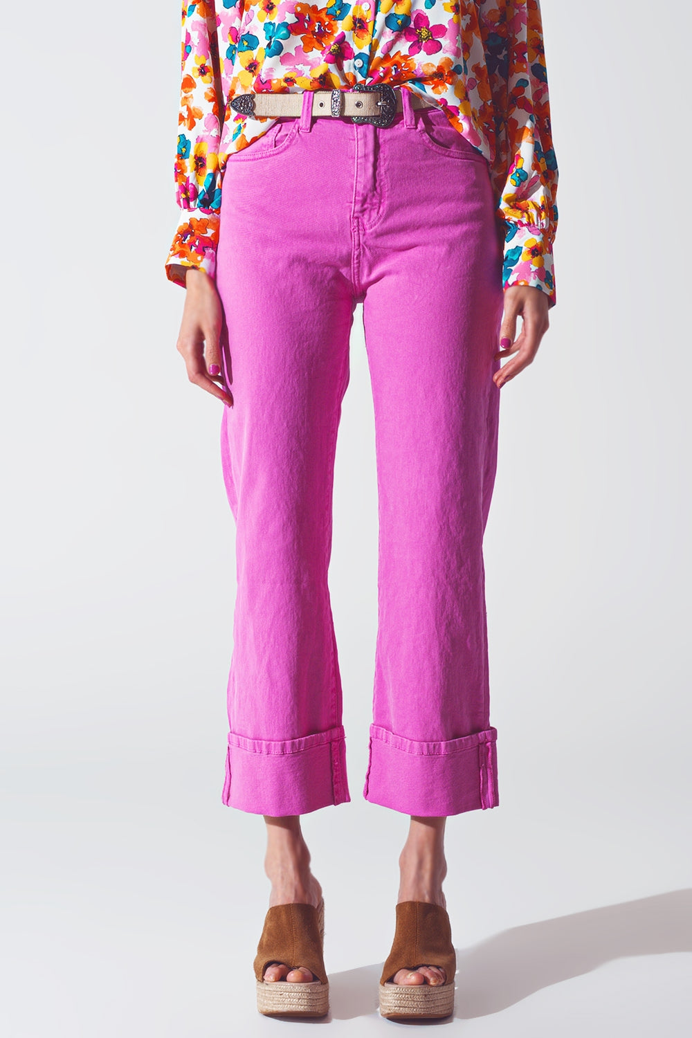 Straight leg jeans with cropped hem in fuchsia | Just Cool Beans — jeans | tops