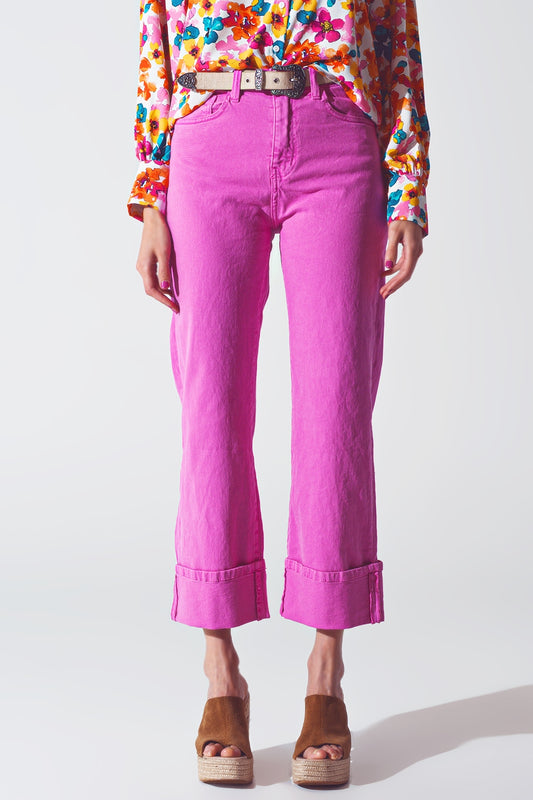 Straight leg jeans with cropped hem in fuchsia | Just Cool Beans — jeans | tops