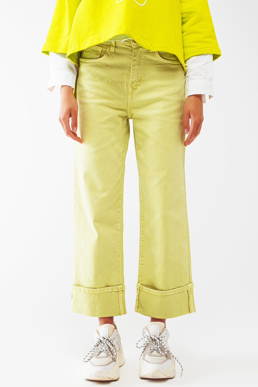 Straight leg jeans with cropped hem in lime green | Just Cool Beans — jeans | tops