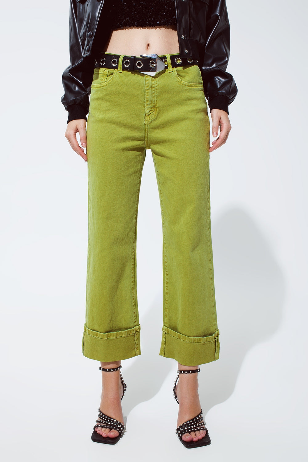 Straight leg jeans with cropped hem in olive green | Just Cool Beans — jeans | tops