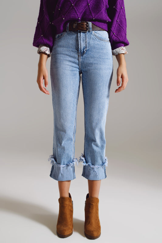 Straight leg jeans with distressed hem in light blue | Just Cool Beans