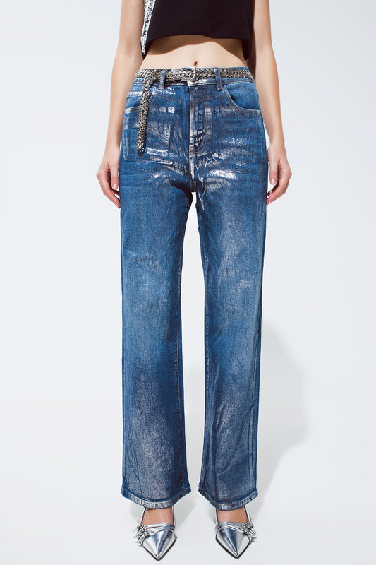 Straight leg jeans with silver metallic finish | Just Cool Beans