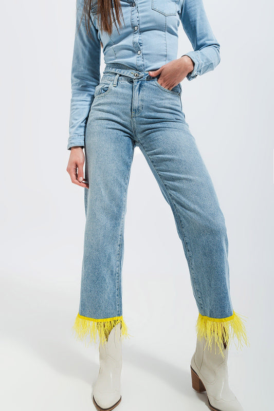 Straight leg jeans with yellow faux feather hem | Just Cool Beans — jeans | the denim shop