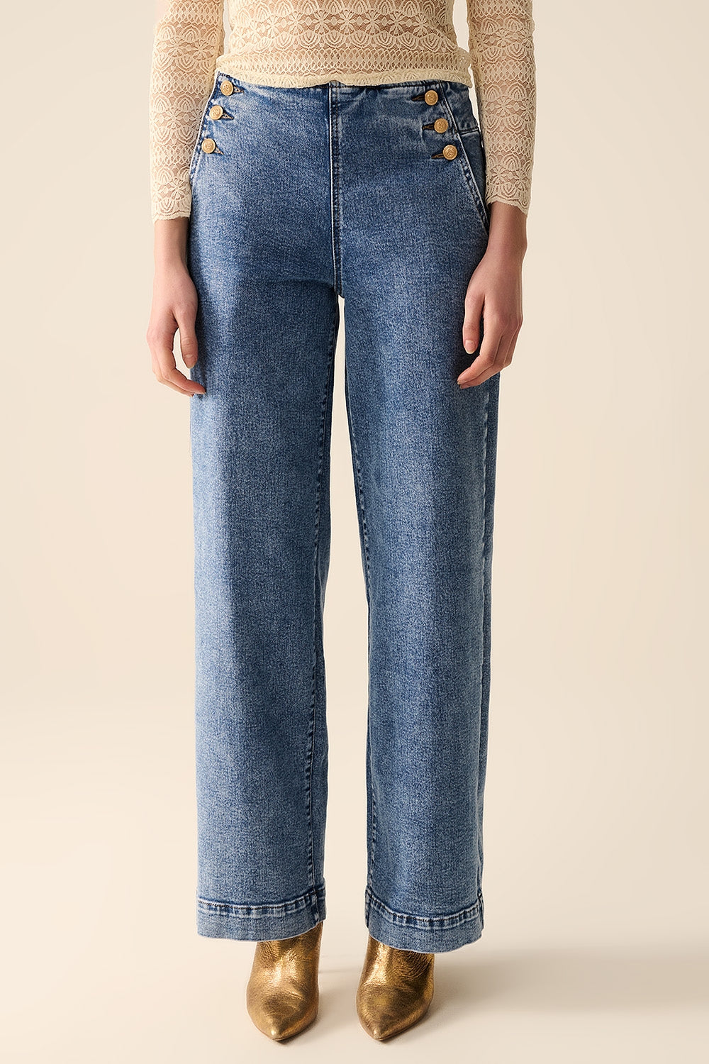 Straight leg marine jeans with gold buttons in mid wash | Just Cool Beans — jeans | the denim shop