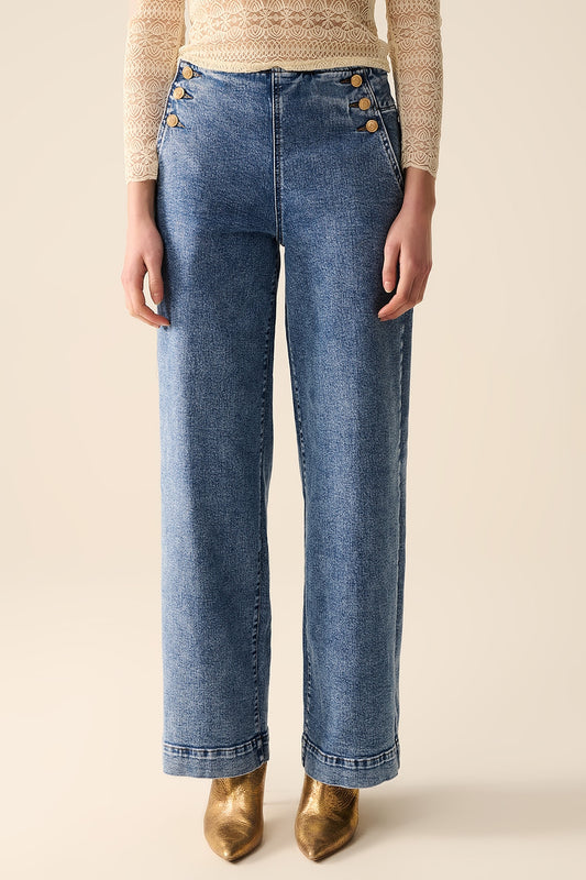 Straight leg marine jeans with gold buttons in mid wash | Just Cool Beans — jeans | the denim shop
