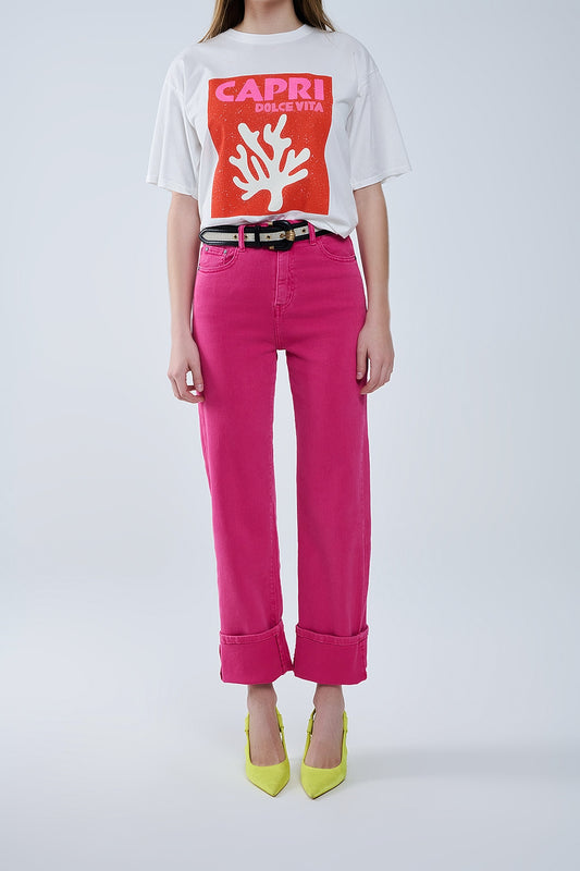 Straight leg pants with cropped hem in magenta | Just Cool Beans — jeans | bottoms