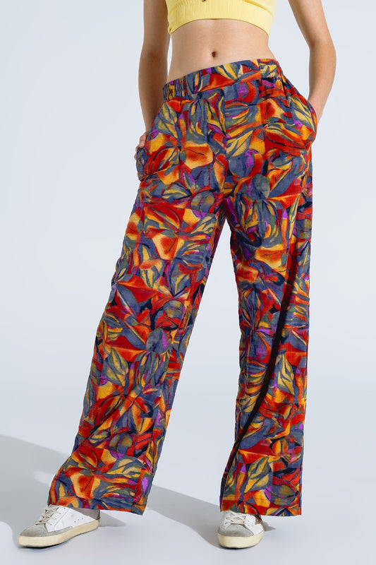 Straight leg pants with floral multicolor print in shades of red | Just Cool Beans — pants | bottoms