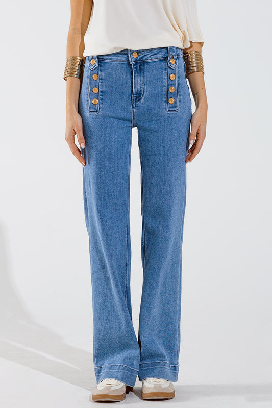 Straight marine style jeans with golden buttons details on the side in mid blue | Just Cool Beans — jeans | the denim shop