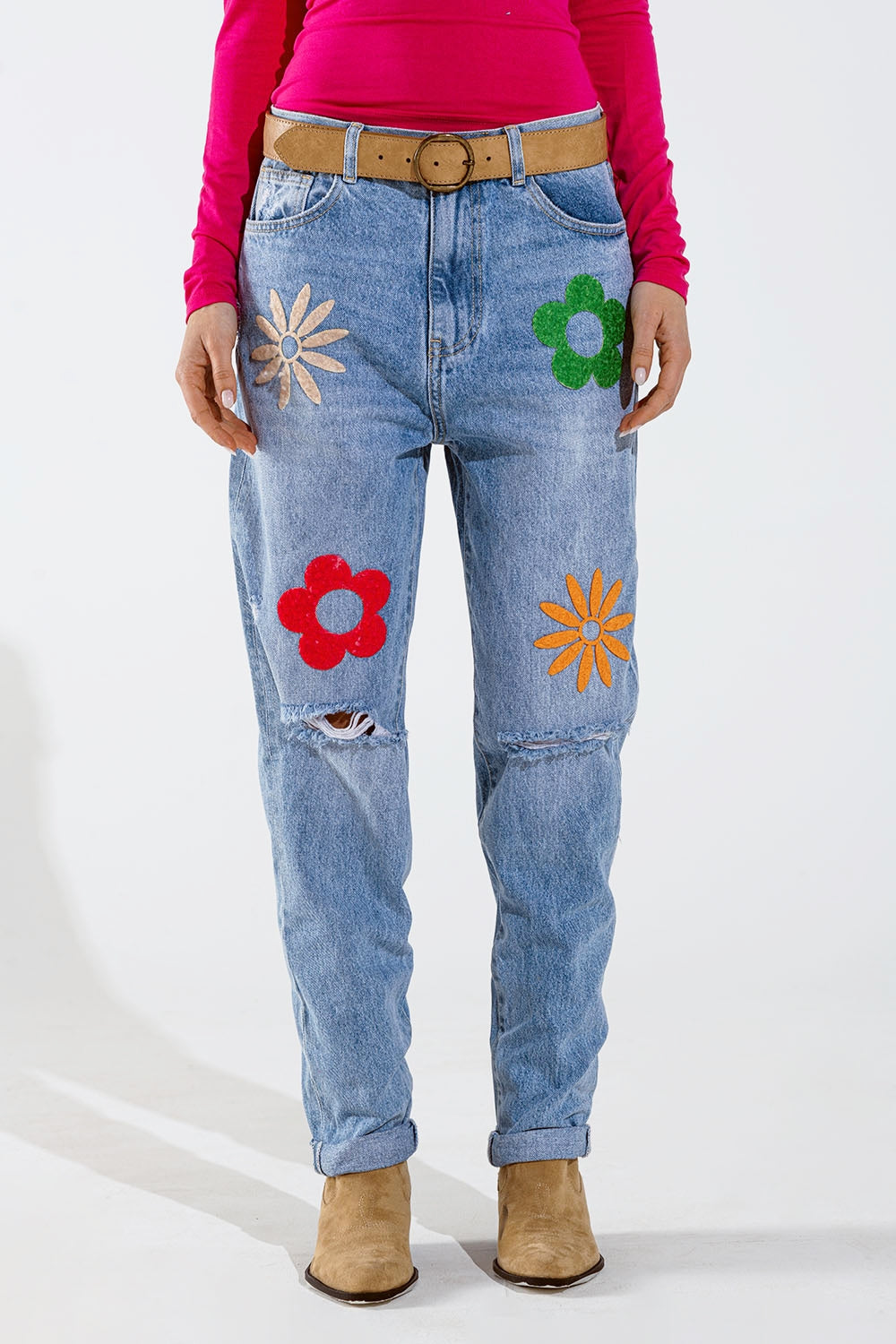 Straight mom jeans with flower detail in washed blue | Just Cool Beans — jeans | the denim shop