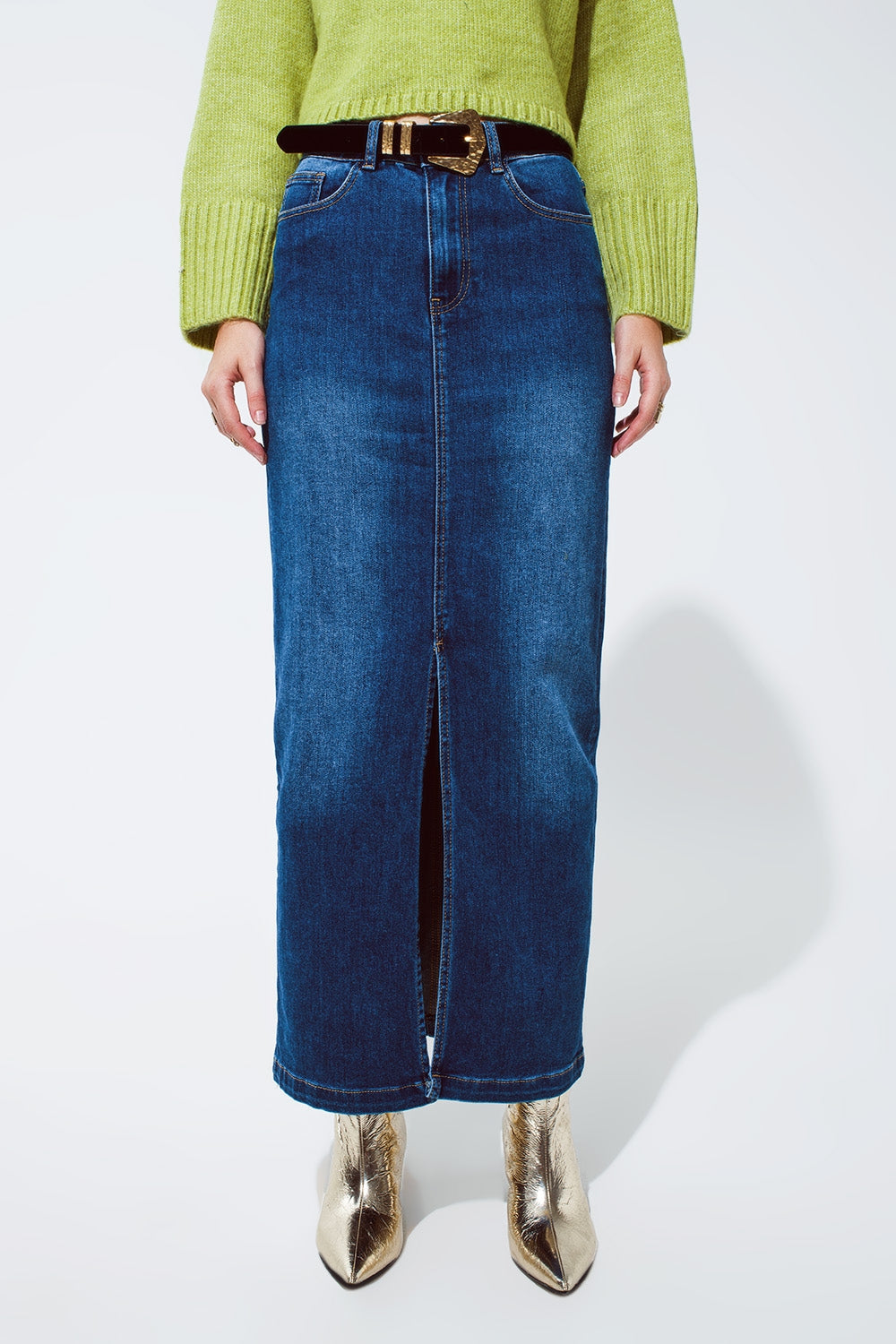 Stretch denim maxi skirt with slit at the front in mid wash | Just Cool Beans — skirts