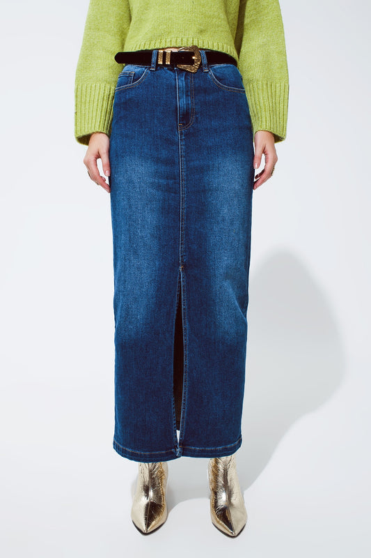 Stretch denim maxi skirt with slit at the front in mid wash | Just Cool Beans — skirts