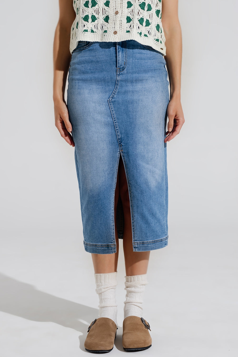 Stretch denim midi skirt with split down the front | Just Cool Beans — skirts