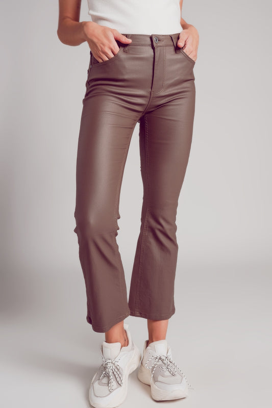 Stretch faux leather flare pants in beige | Just Cool Beans — pants | bottoms