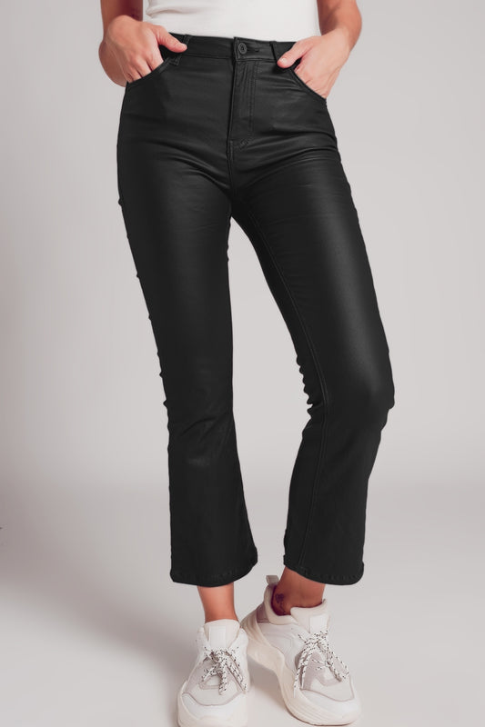 Stretch faux leather flare pants in black | Just Cool Beans — pants | bottoms