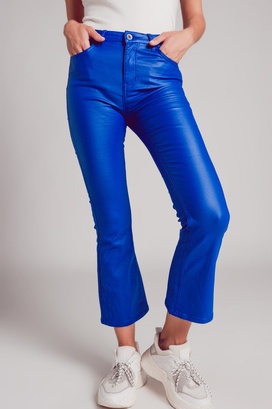 Stretch faux leather flare pants in blue | Just Cool Beans — pants | bottoms