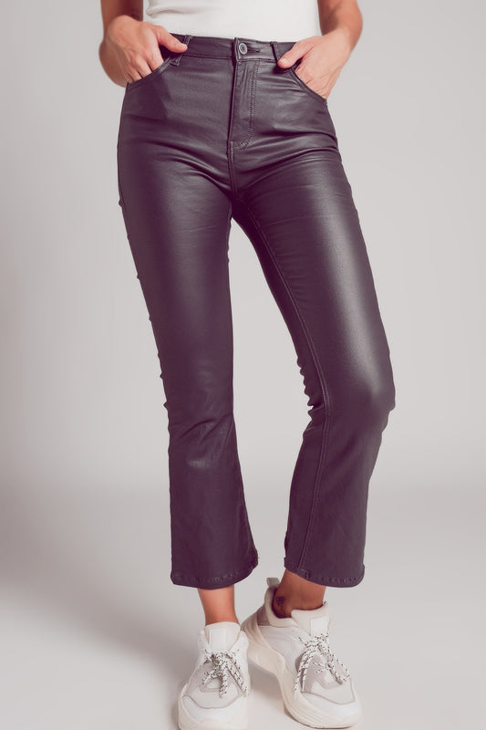 Stretch faux leather flare pants in grey | Just Cool Beans — pants | bottoms
