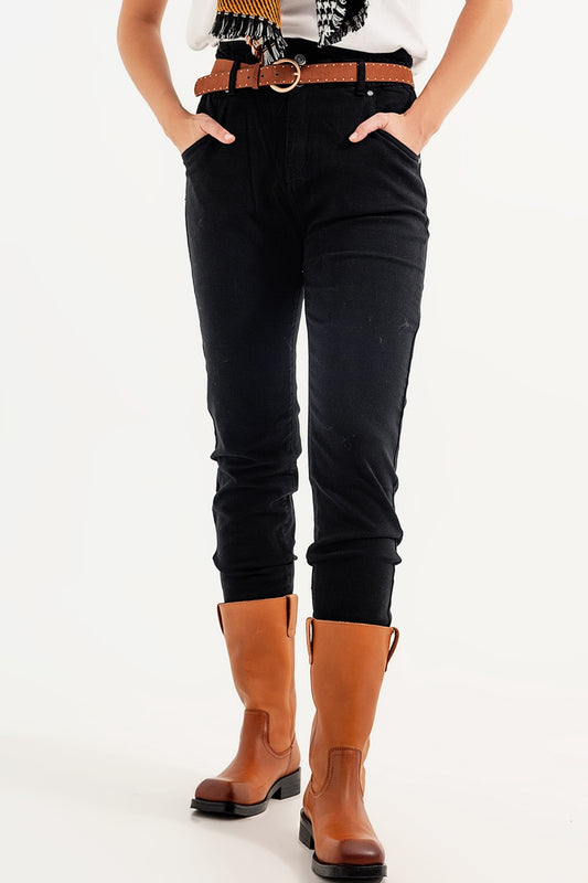 Stretch paperbag waist straigh jeans in black | Just Cool Beans