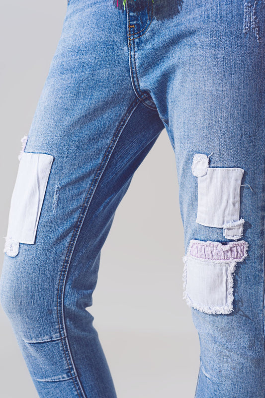 Stretch skinny jeans with patches in mid wash and belt detail | Just Cool Beans