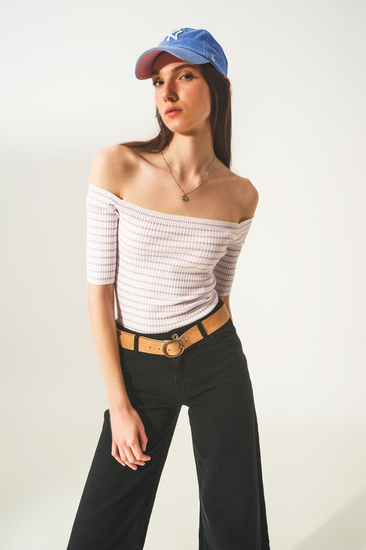Stripe bardot top in lilac | Just Cool Beans — sweaters | tops