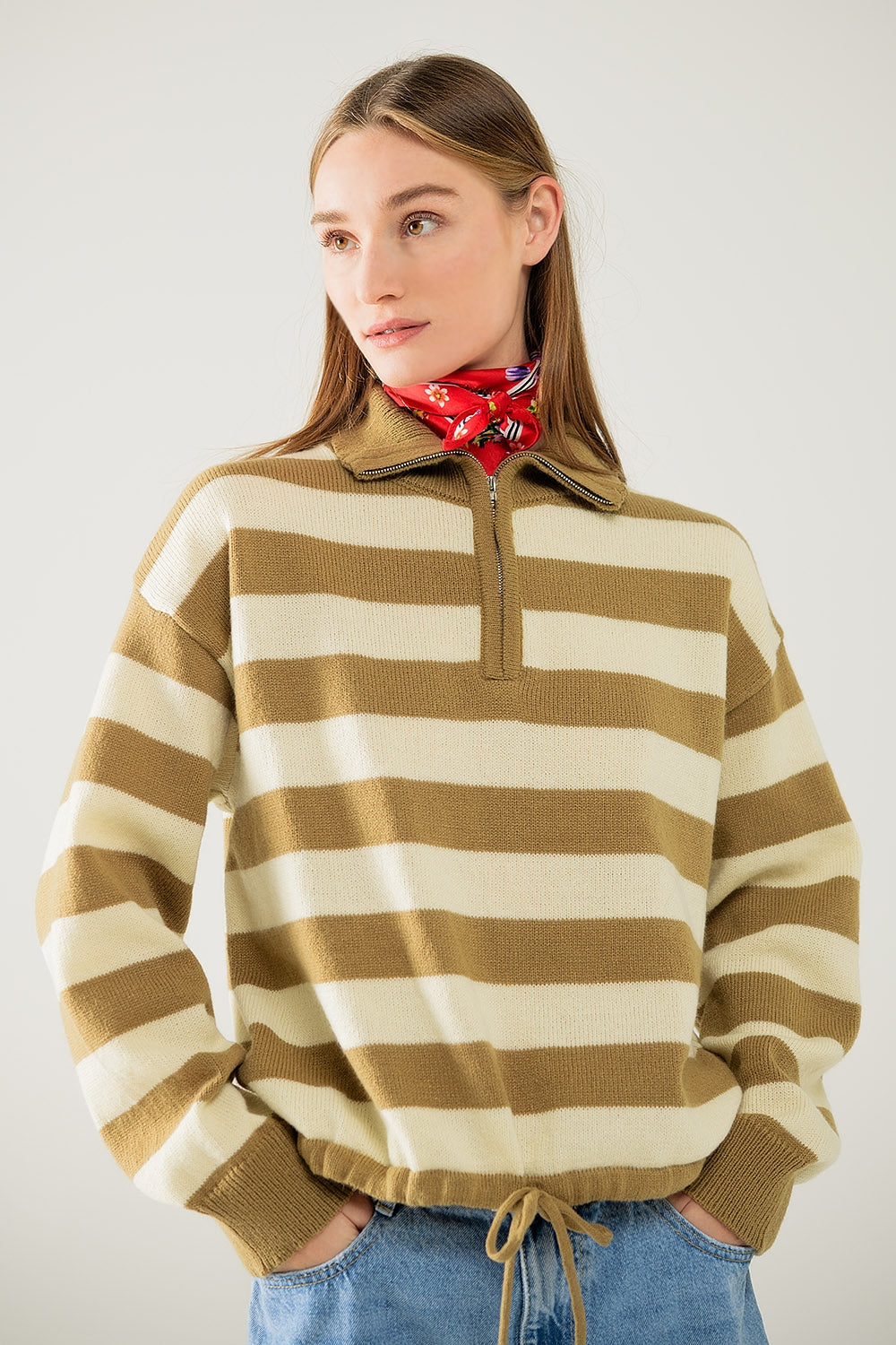 Striped beige sweater with zipper closure | Just Cool Beans — sweaters | tops