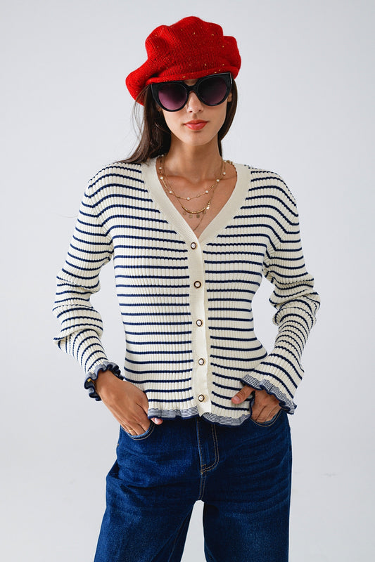 Striped cardigan in cream with ruffle trim | Just Cool Beans — sweaters | tops