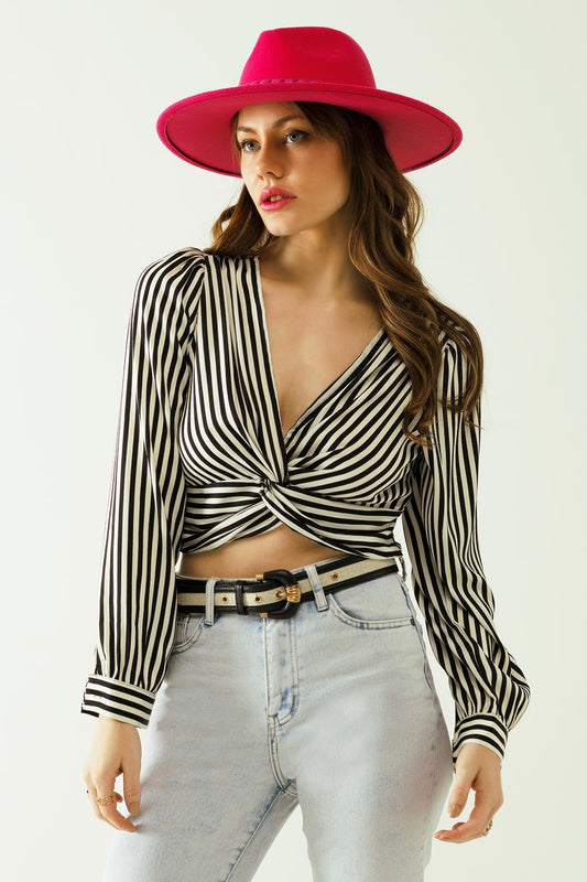 Striped crop top with v-neckline and twisted front in black and white. | Just Cool Beans — tops