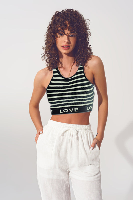 Striped cropped top with love text in black and beige | Just Cool Beans — tops