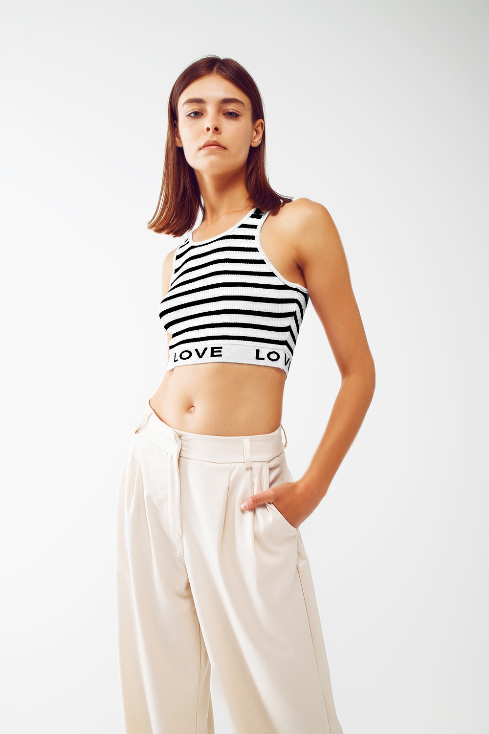 Striped cropped top with love text in white | Just Cool Beans — sweaters | tops