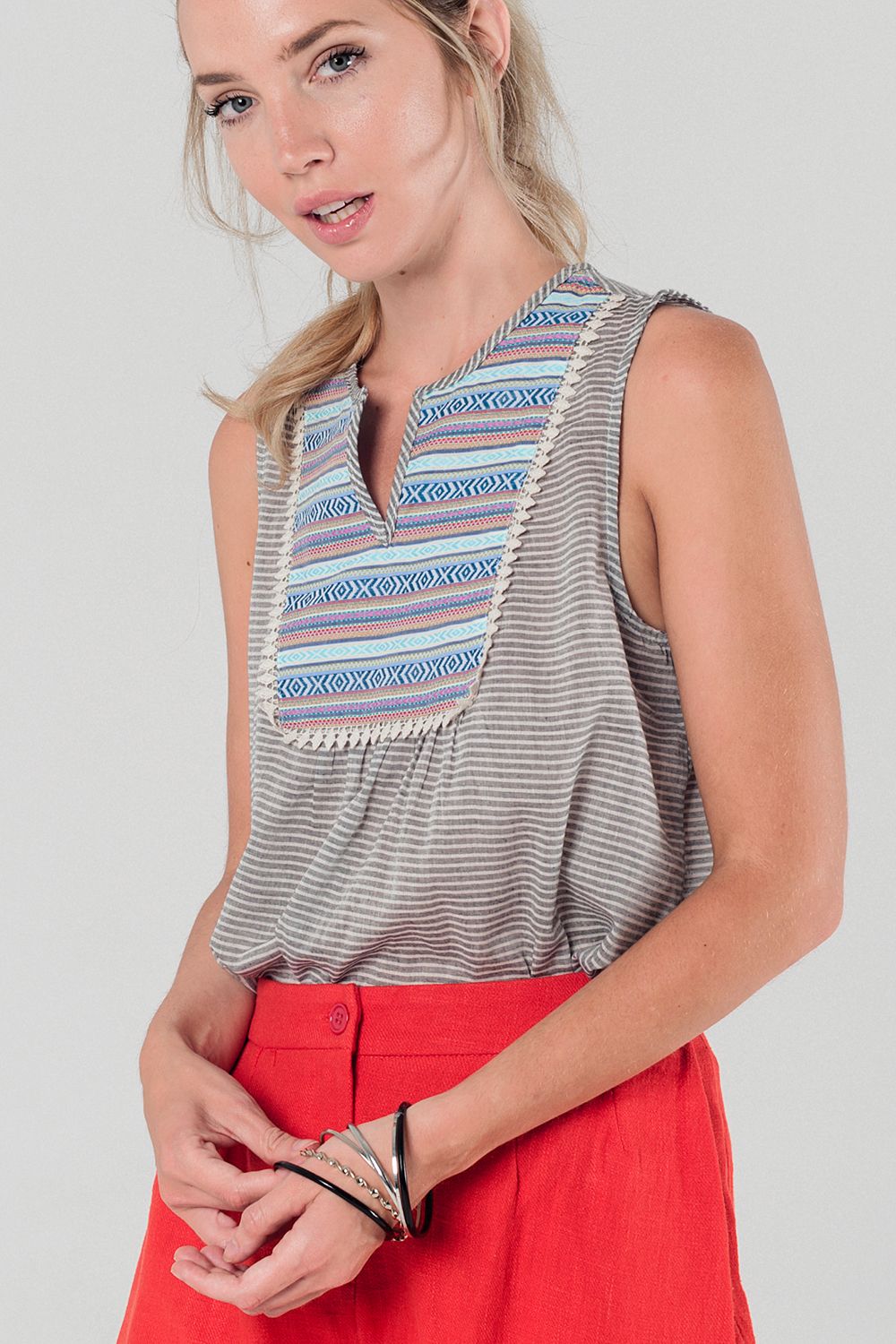Striped gray top with multicolor front detail | Just Cool Beans — shirts | tops