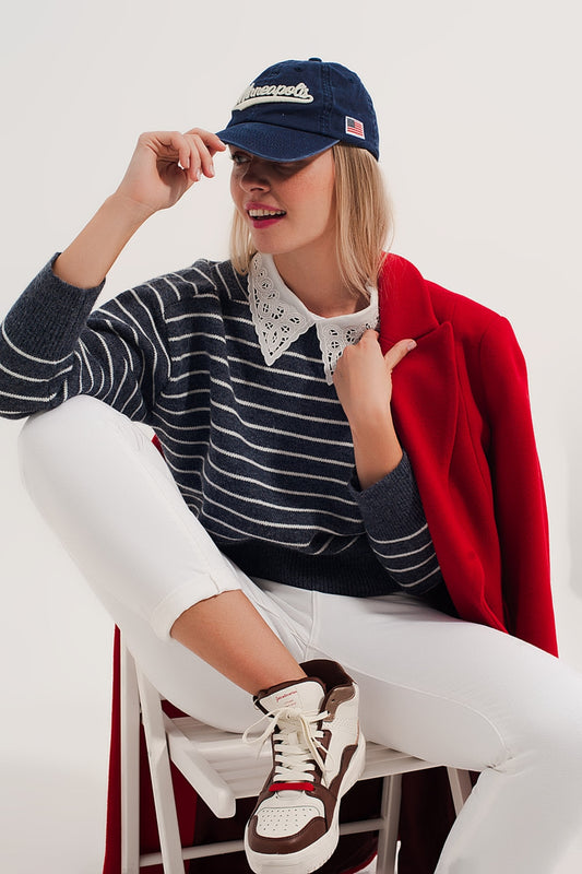 Striped knitted sweater with wrangler sleeves blue and white | Just Cool Beans — sweaters | tops