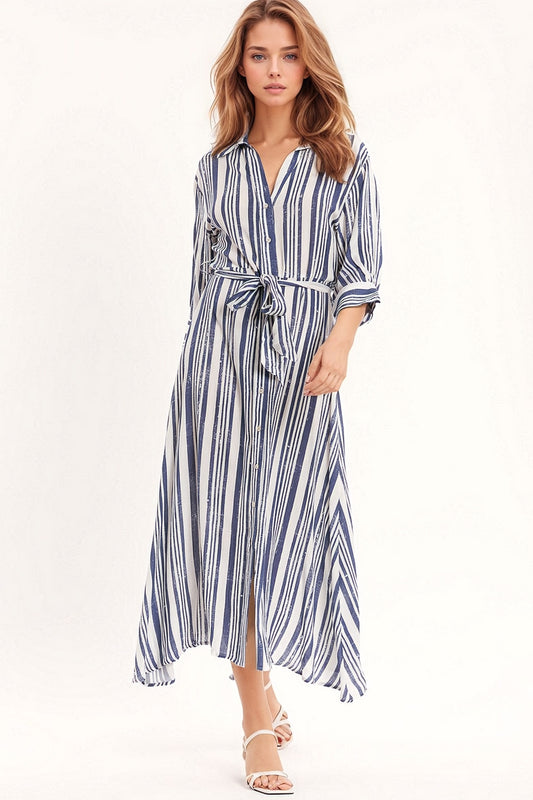 Striped maxi shirt dress with 3/4 sleeve and belt in blue and white | Just Cool Beans — dresses