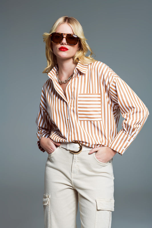 Striped relaxed shirt with contrasting pocket in beige | Just Cool Beans — shirts | nan