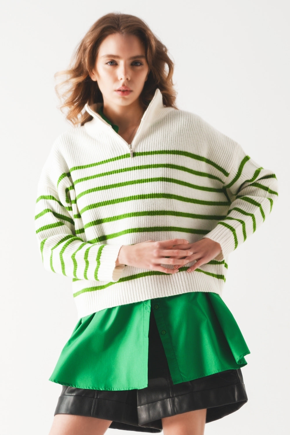 Striped zip up collar detail sweater in green | Just Cool Beans — sweaters | tops